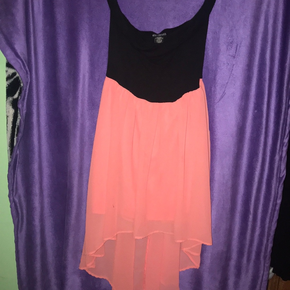 Black and pink high-low strapless dress